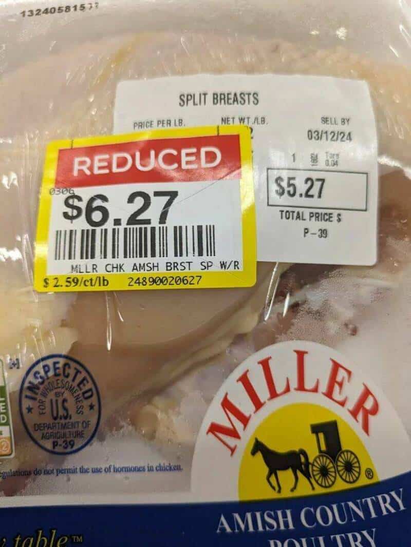 Split breasts, reduced price, $6.27, Miller Amish Country.