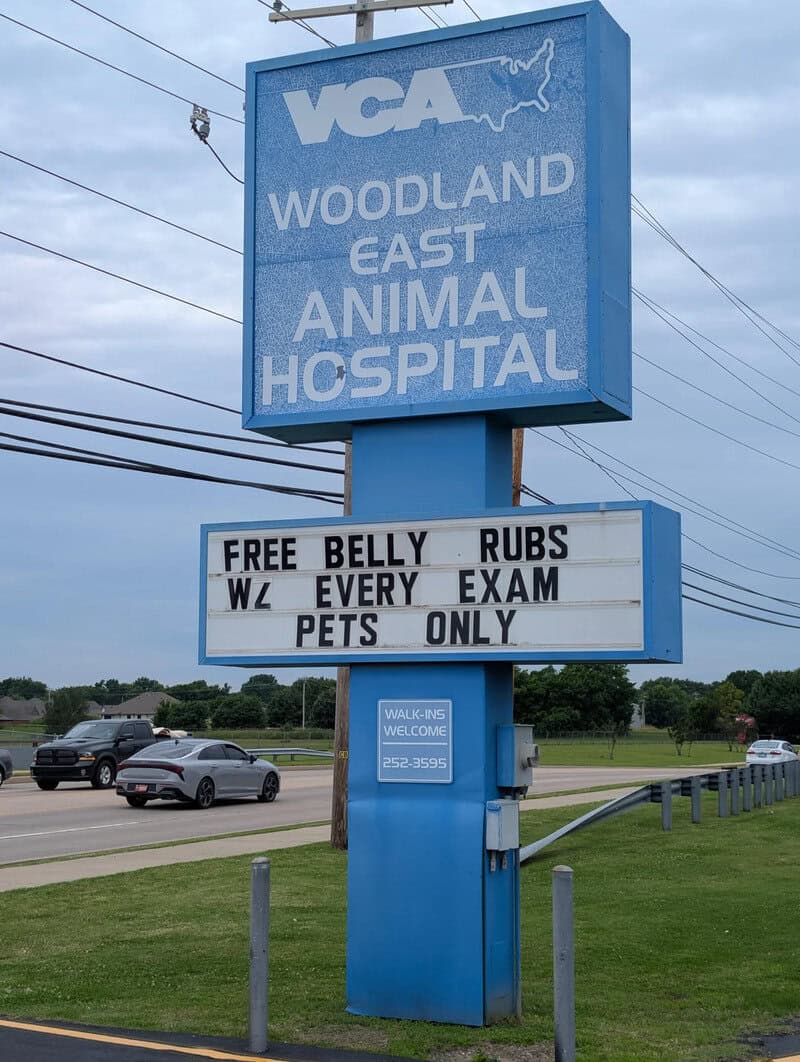 VCA Woodland East Animal Hospital sign with services and contact information.