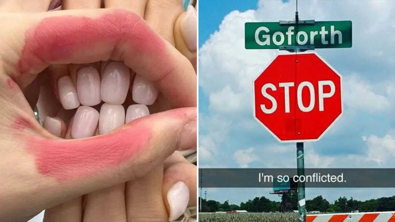 Close-up of a person's mouth with lipstick and teeth, and a street sign reading Goforth.