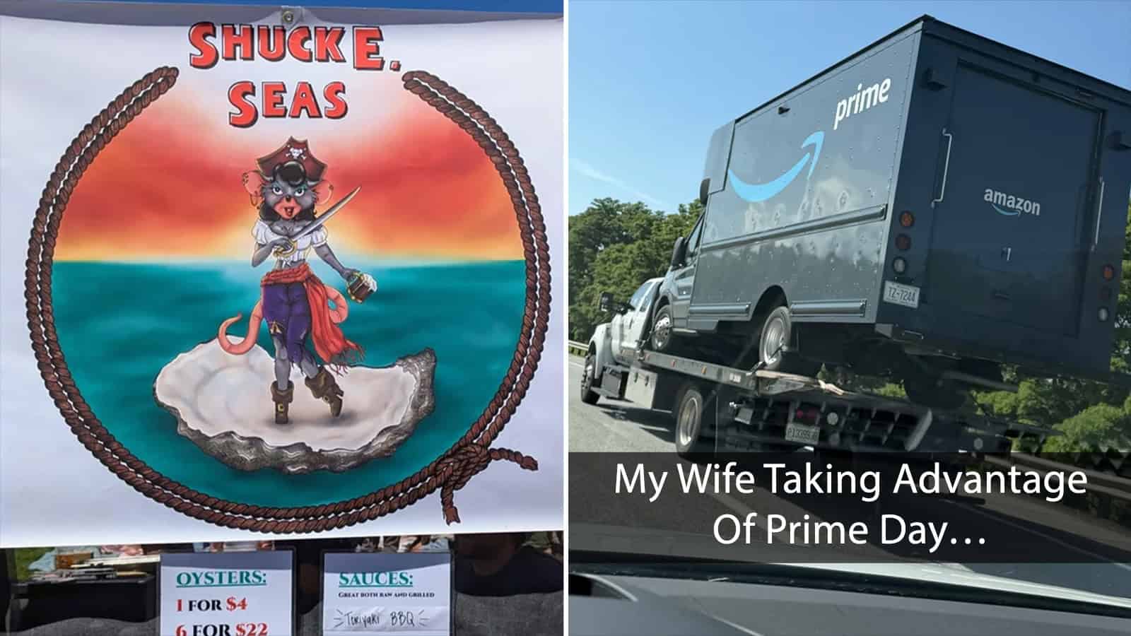 Shuck E Seas sign with cartoon cat pirate on an island.