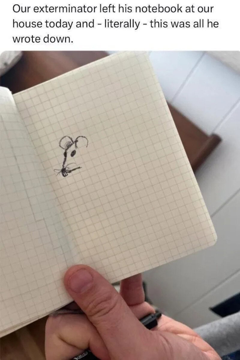 Hand holding a notebook with a small doodle of a mouse on graph paper.