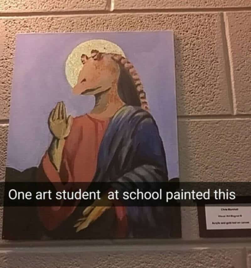 Art of a humanoid horse with a halo, praying, painted by a student at school.