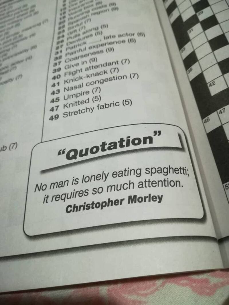 "Quotation" with a quote by Christopher Morley about loneliness and eating spaghetti.