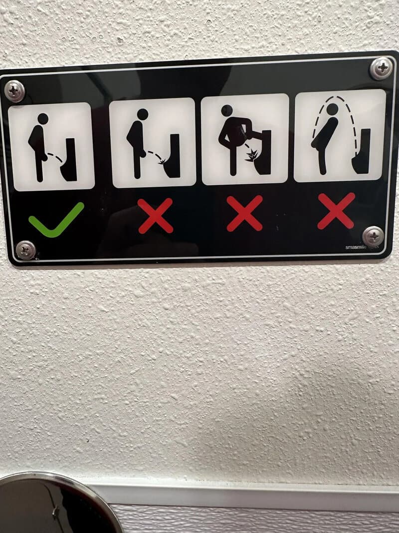 Proper use of toilet paper, no sitting on the toilet, and no urinating outside the toilet.