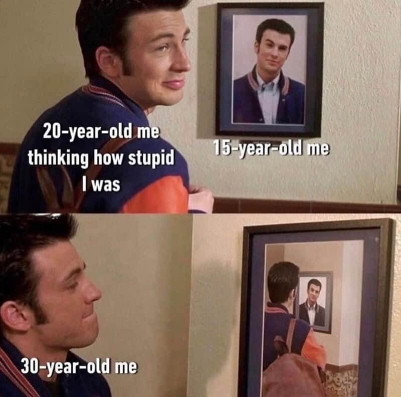 Memes about aging with images of a man looking at his younger self's photo.