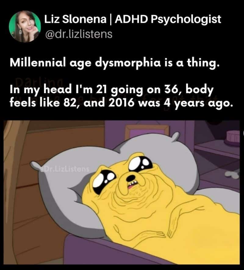 Memes about aging with a cartoon dog in bed, looking sad and tired.
