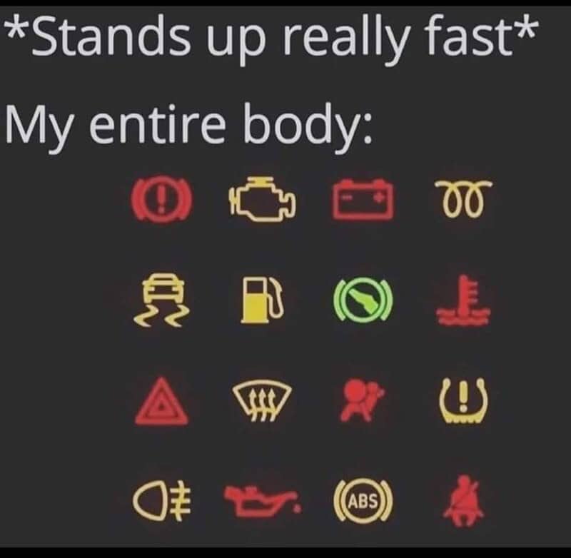 A meme with icons representing body reactions and issues, titled 'Stands up really fast* My entire b.