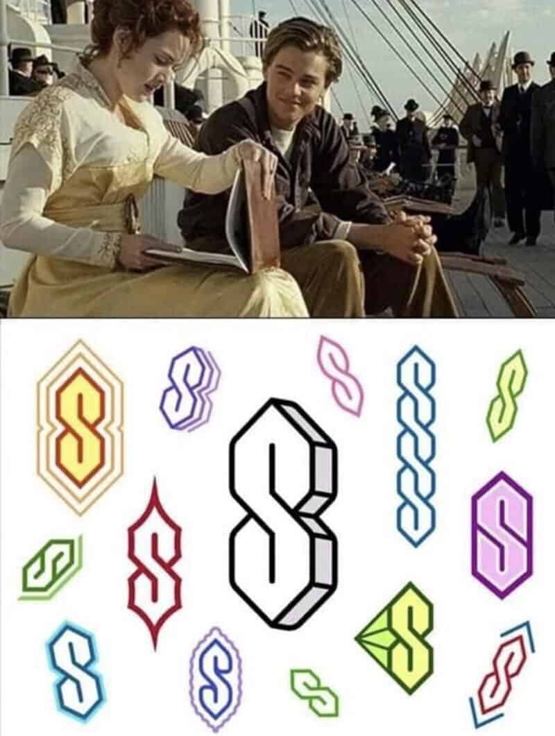 Scene from Titanic with a woman and a man, and colorful S-shaped symbols below.