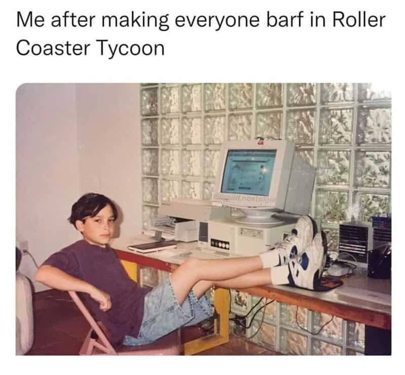 Young boy with legs on computer, caption about making everyone 'barf' in Roller Coaster Tycoon.