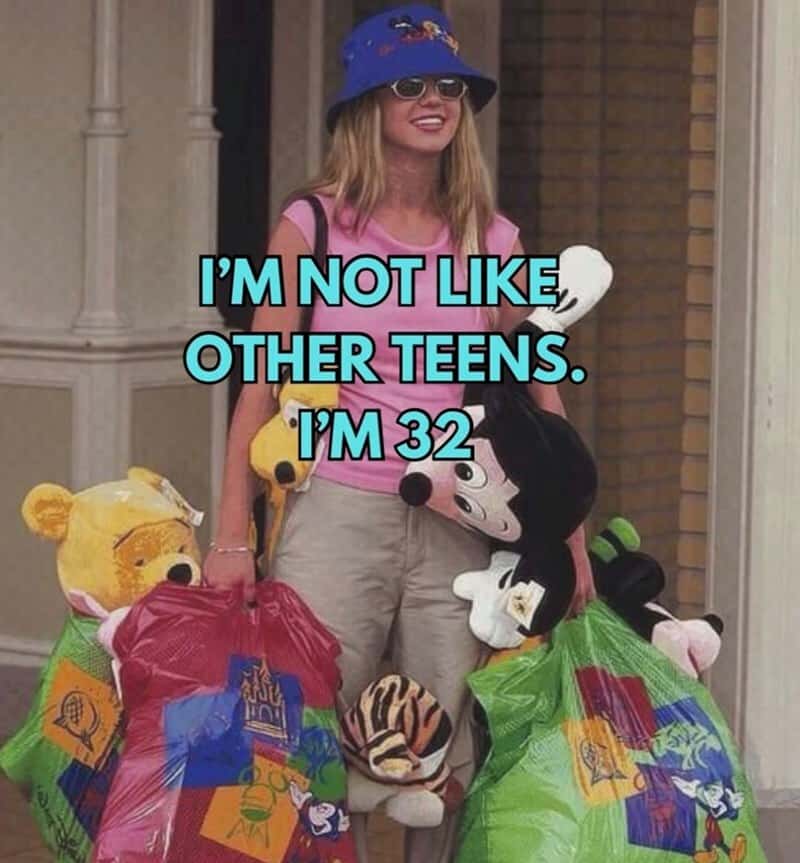 Woman with bags of plush toys and text: 'I'm not like other teens. I'm 32'.