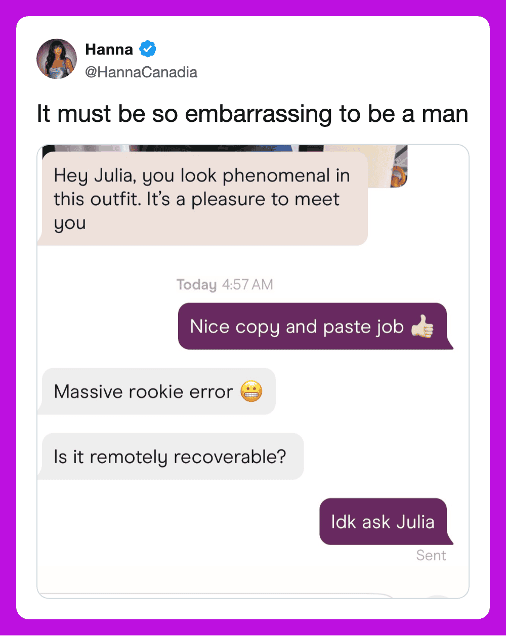 Screenshot of a Twitter conversation about a dating app error, with a humorous tone.