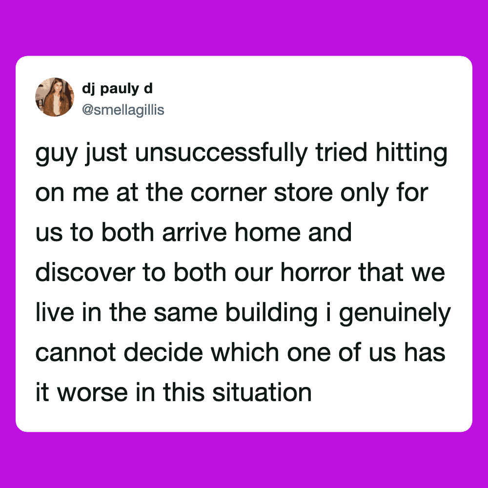 Twitter post about a couple living in the same building and a confusing encounter at the store.