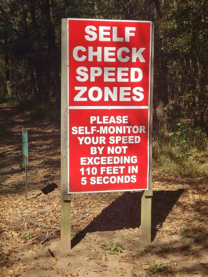 Self check speed zones sign warning to monitor your speed not exceeding 110 feet in 5 seconds.