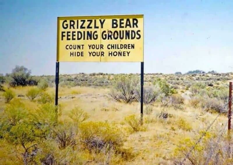 GRIZZLY BEAR FEEDING GROUNDS sign with instructions to count children and hide honey.