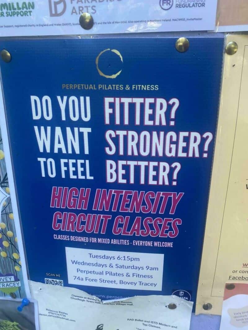 Perpetual Pilates & Fitness sign advertising high intensity circuit classes for all abilities.