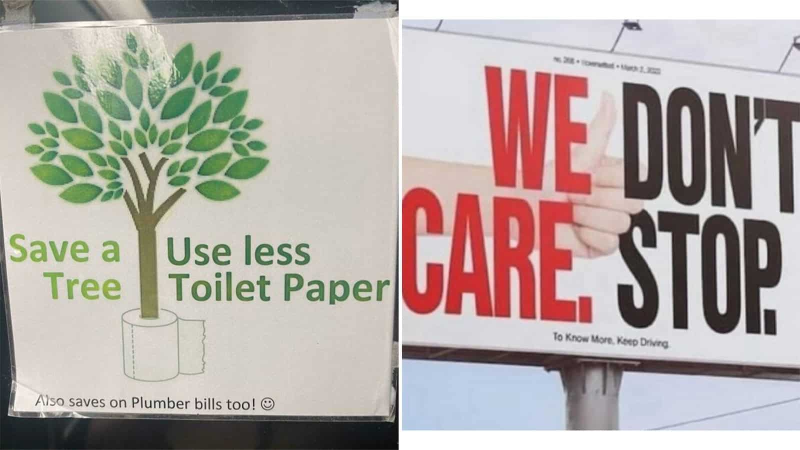 Sign with a tree illustration and the text 'Save a Tree Use less Toilet Paper'.