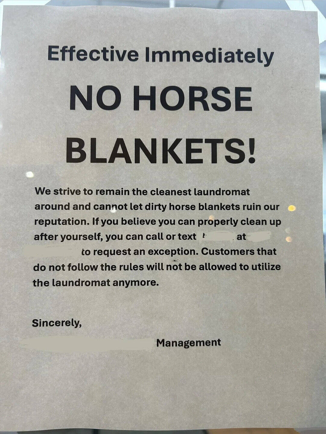 Sign says no horse blankets, with rules about cleaning and exceptions.