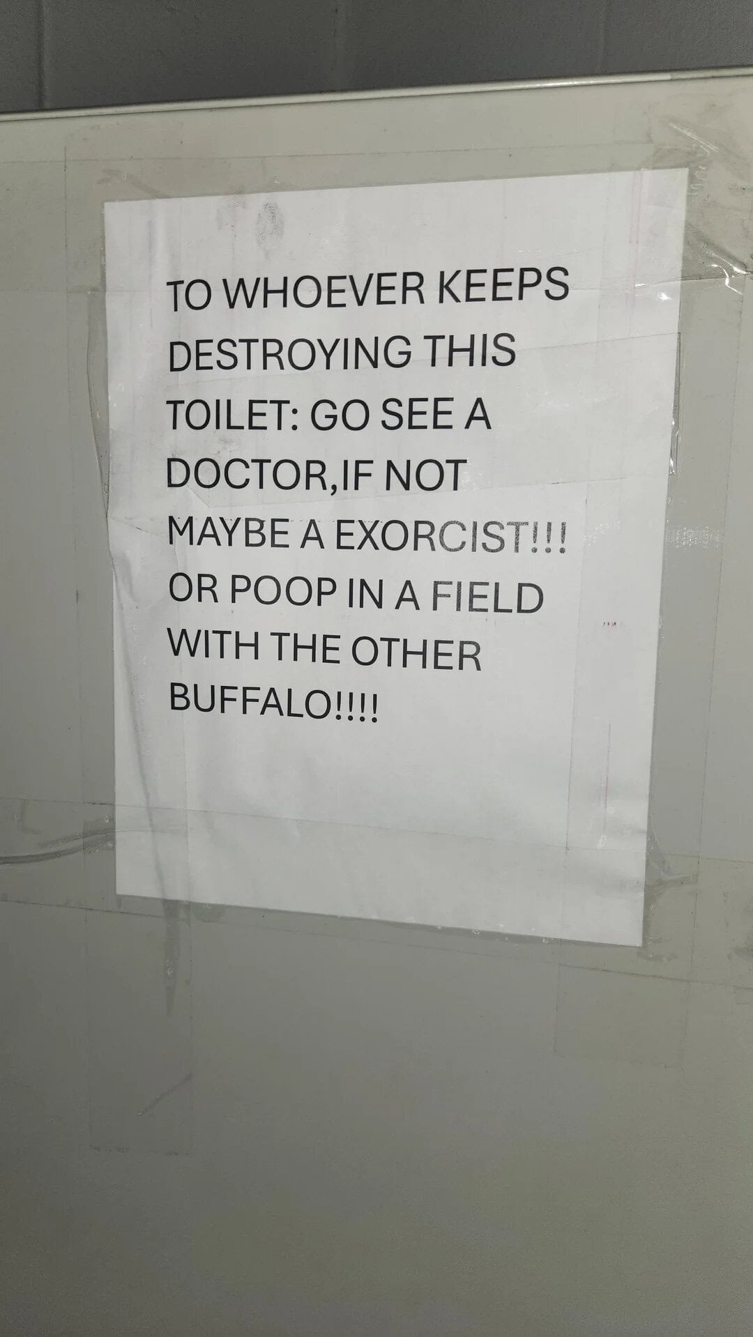 Sign warning about toilet destruction, mentioning doctors, exorcists, and buffalo.