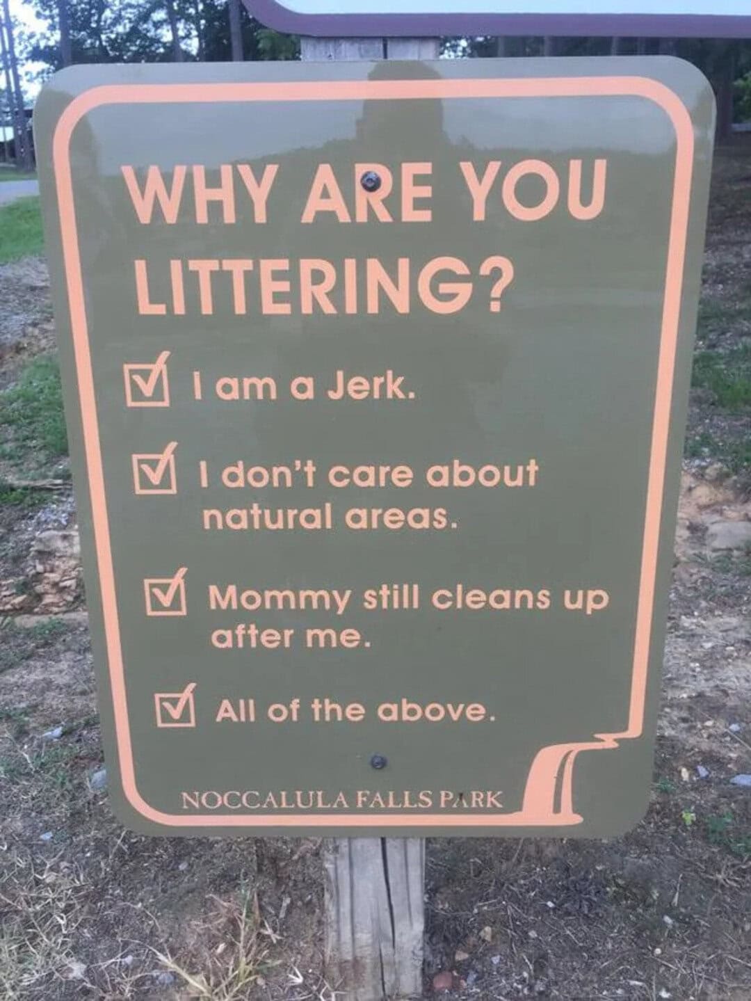 Sign asking why people are littering with humorous responses.