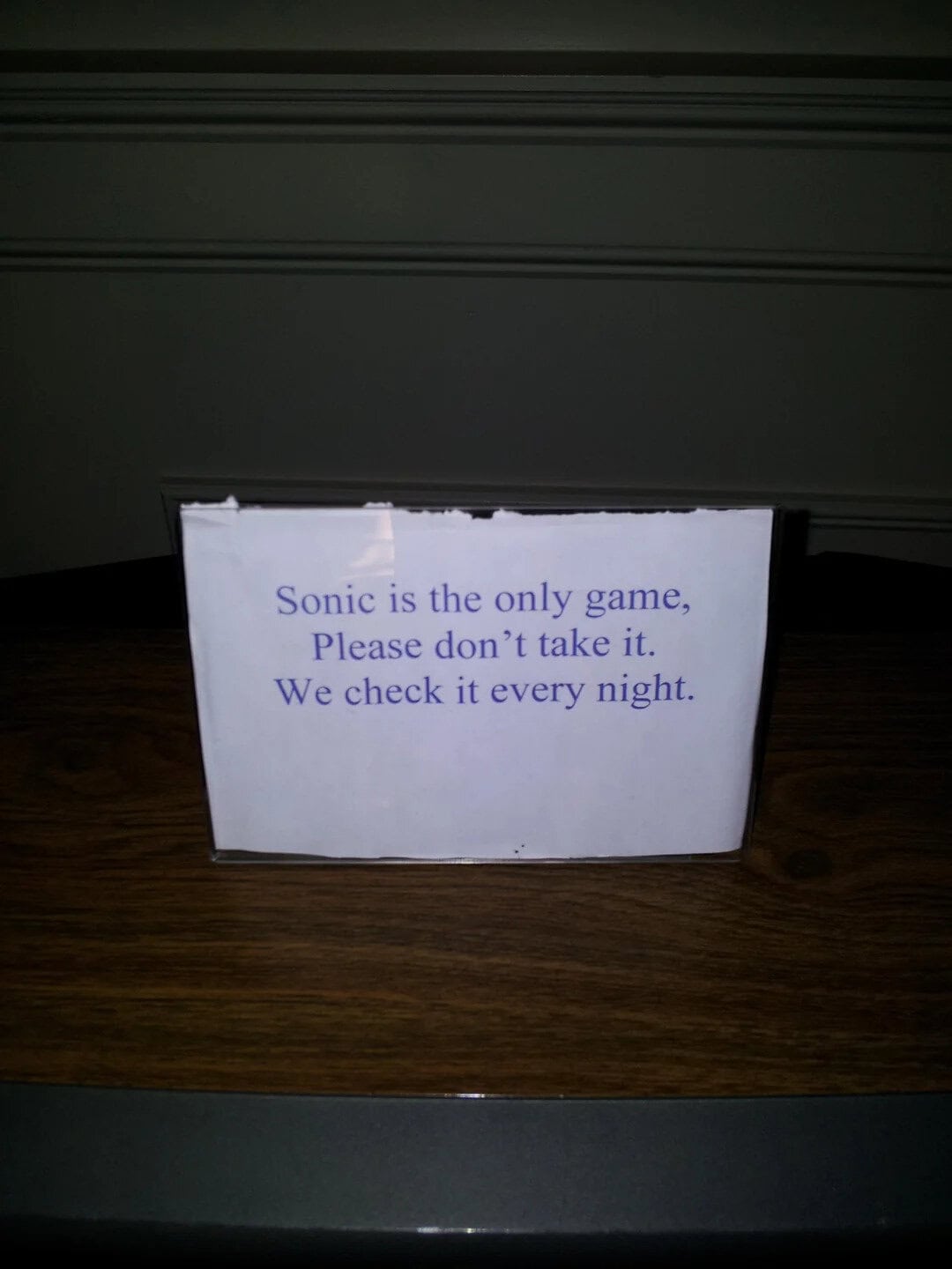 'Sonic is the only game, Please don't take it. We check it every night.'.