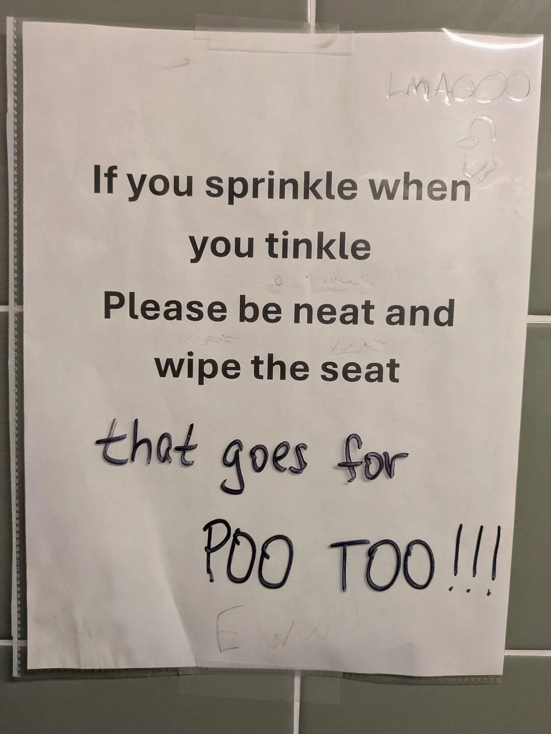 Sign with humorous instructions about toilet etiquette and a handwritten note.