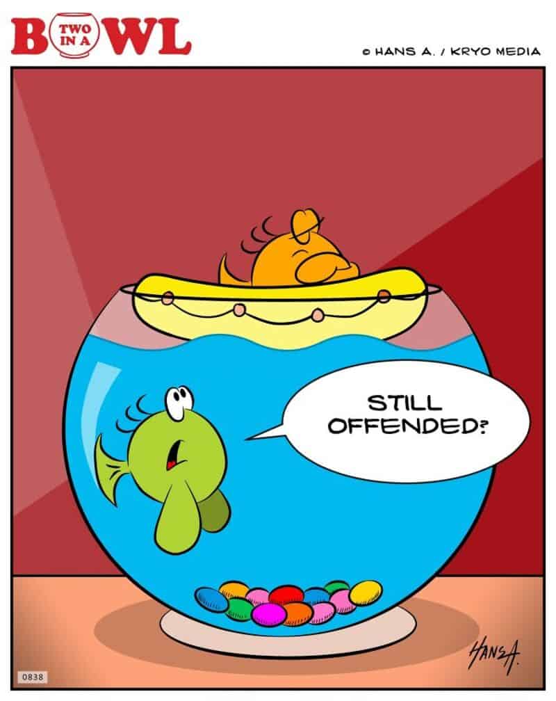 Fish in a bowl with a banana and a sleeping cat, fish asks 'Still offended?'.
