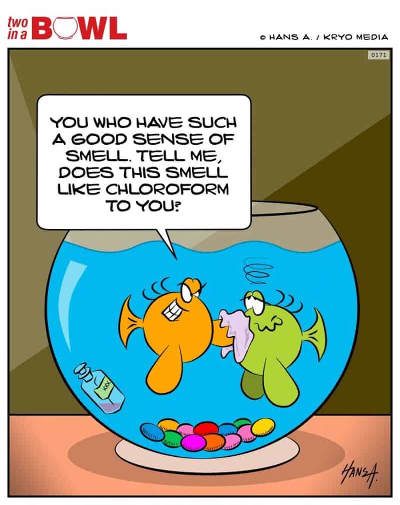 Fish characters in a fishbowl with a speech bubble about smell and sense of smell.