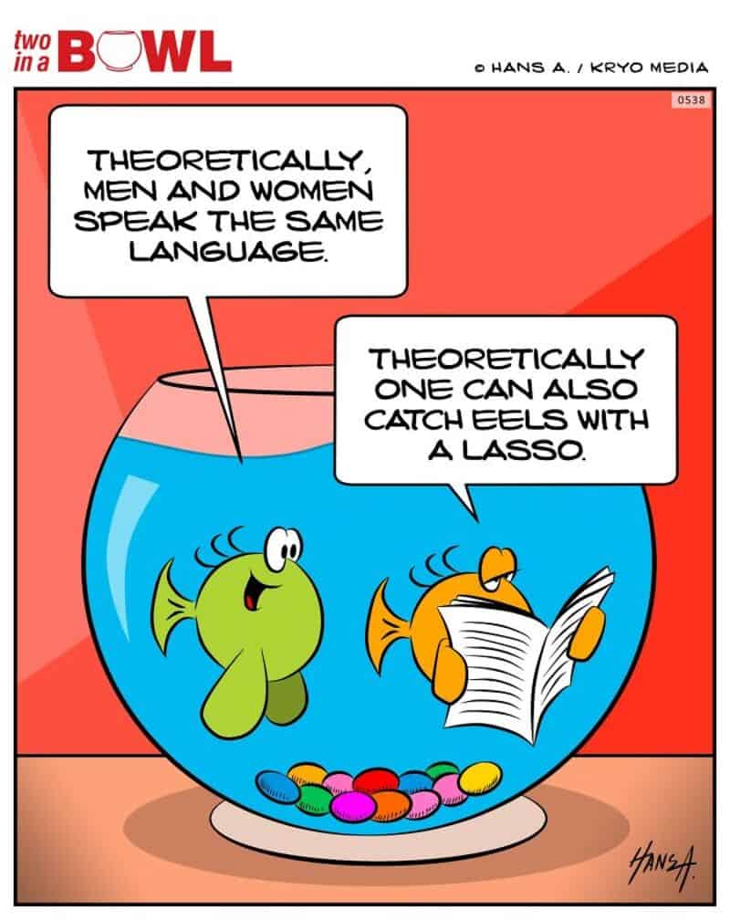 Fish and crab in a bowl discussing language and catching eels with a lasso.