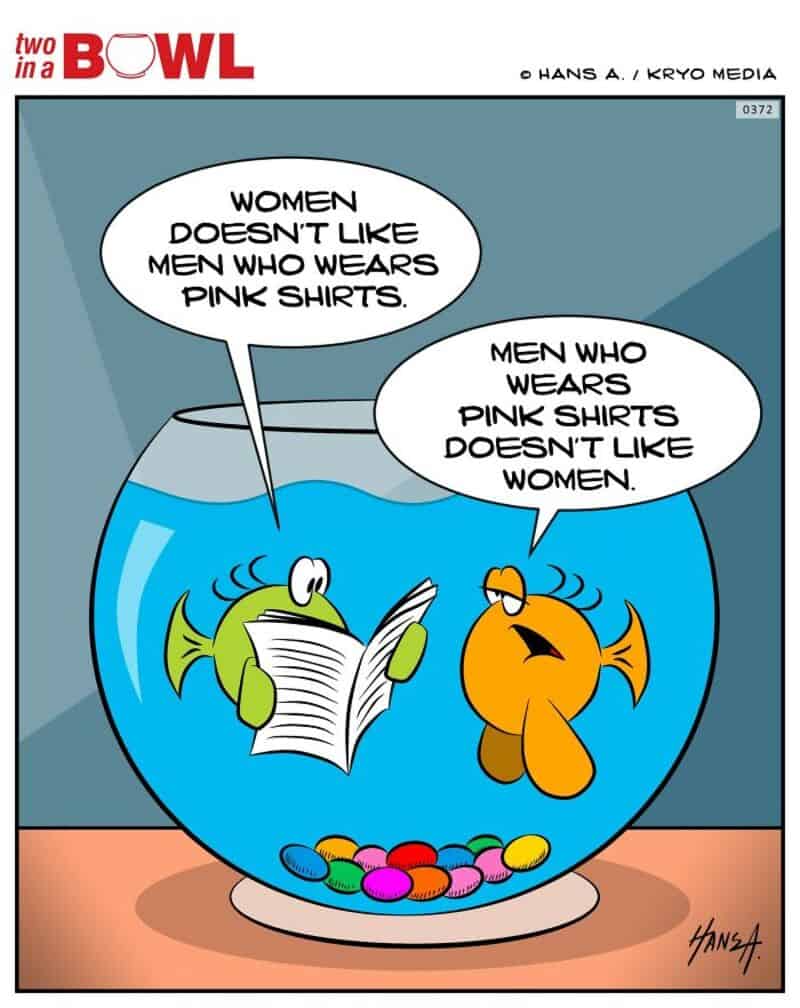 Fish in a bowl discussing gender stereotypes about pink shirts.