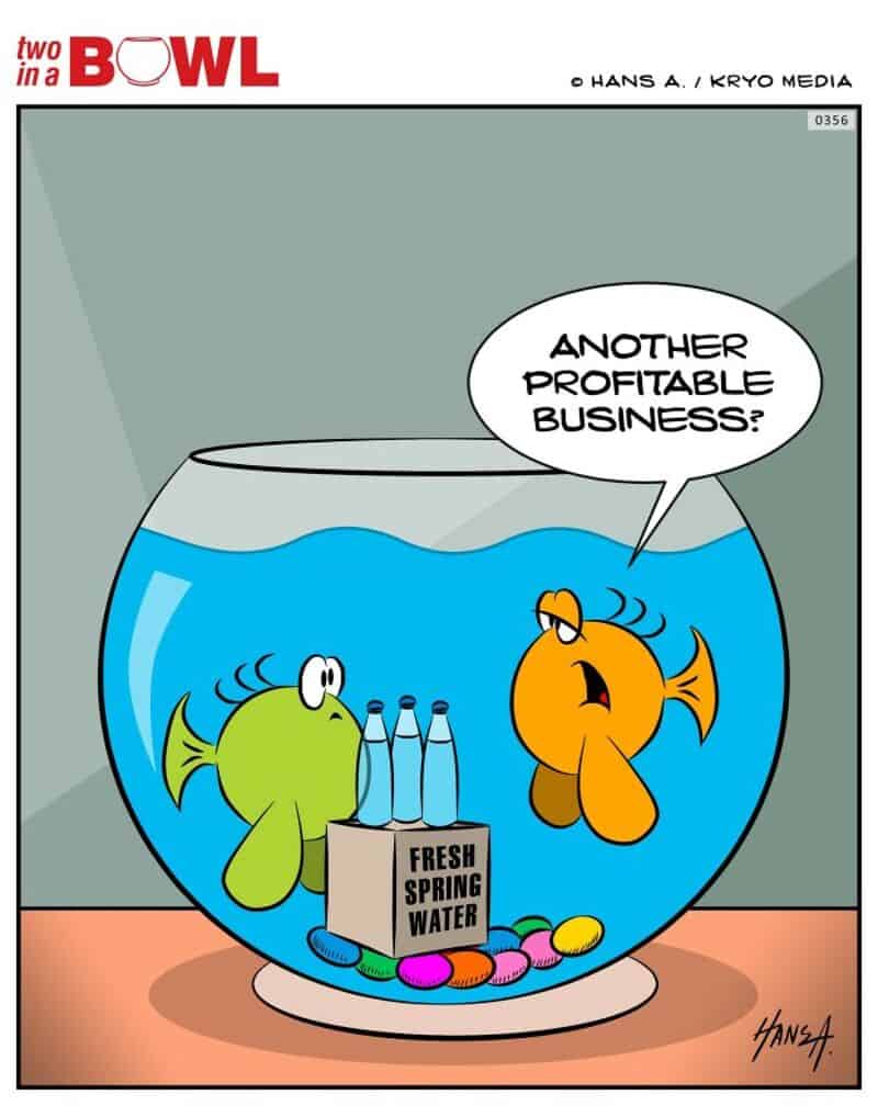 Two fish in a bowl, one asks about a new business, with bottles and candies inside.