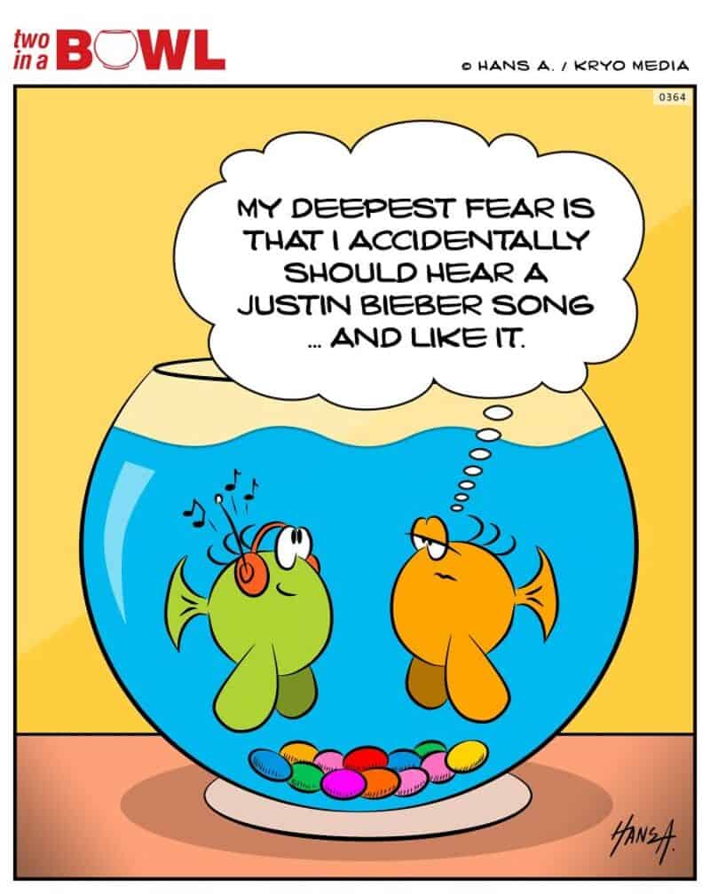 Two fish in a bowl, one with headphones, the other thinking about Justin Bieber.