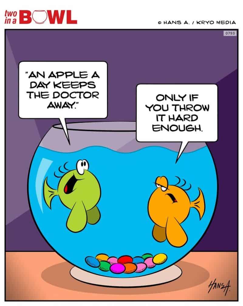 Two fish in a bowl with speech bubbles about apples and throwing.