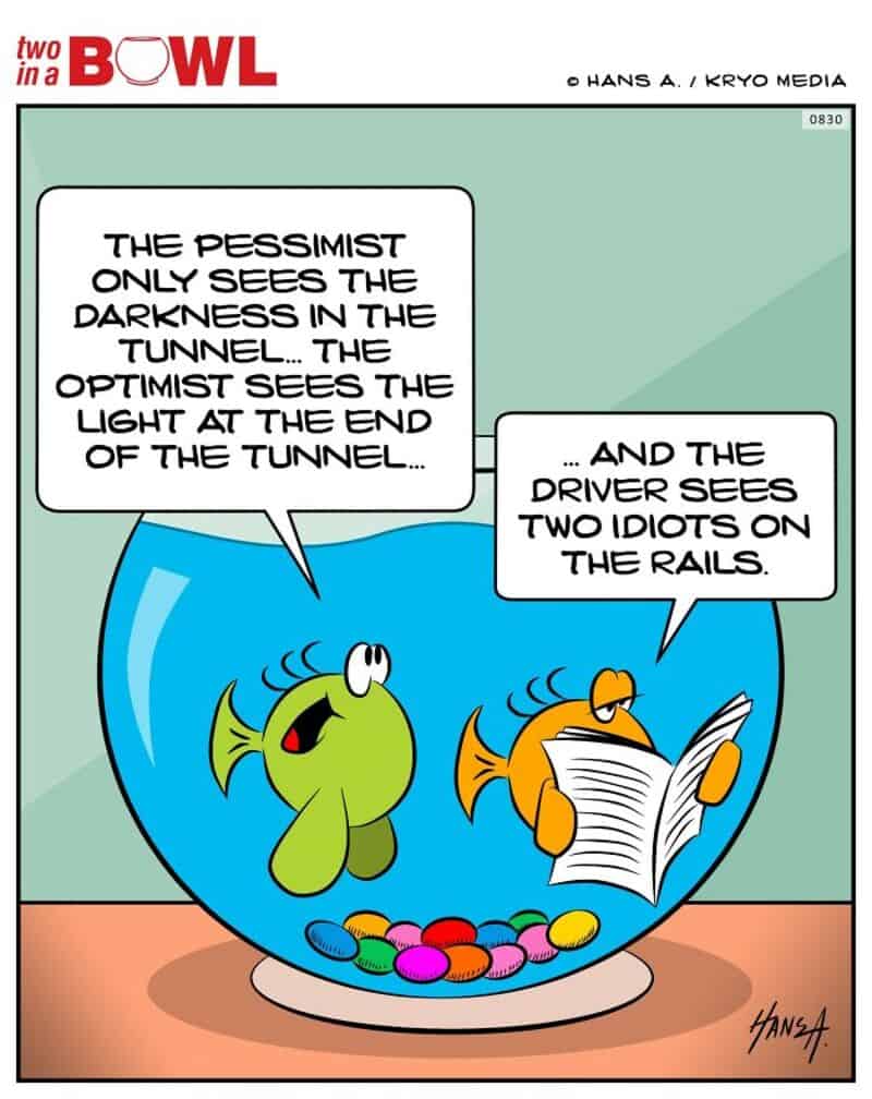 Fish and bird in a bowl with speech bubbles about optimism and pessimism.