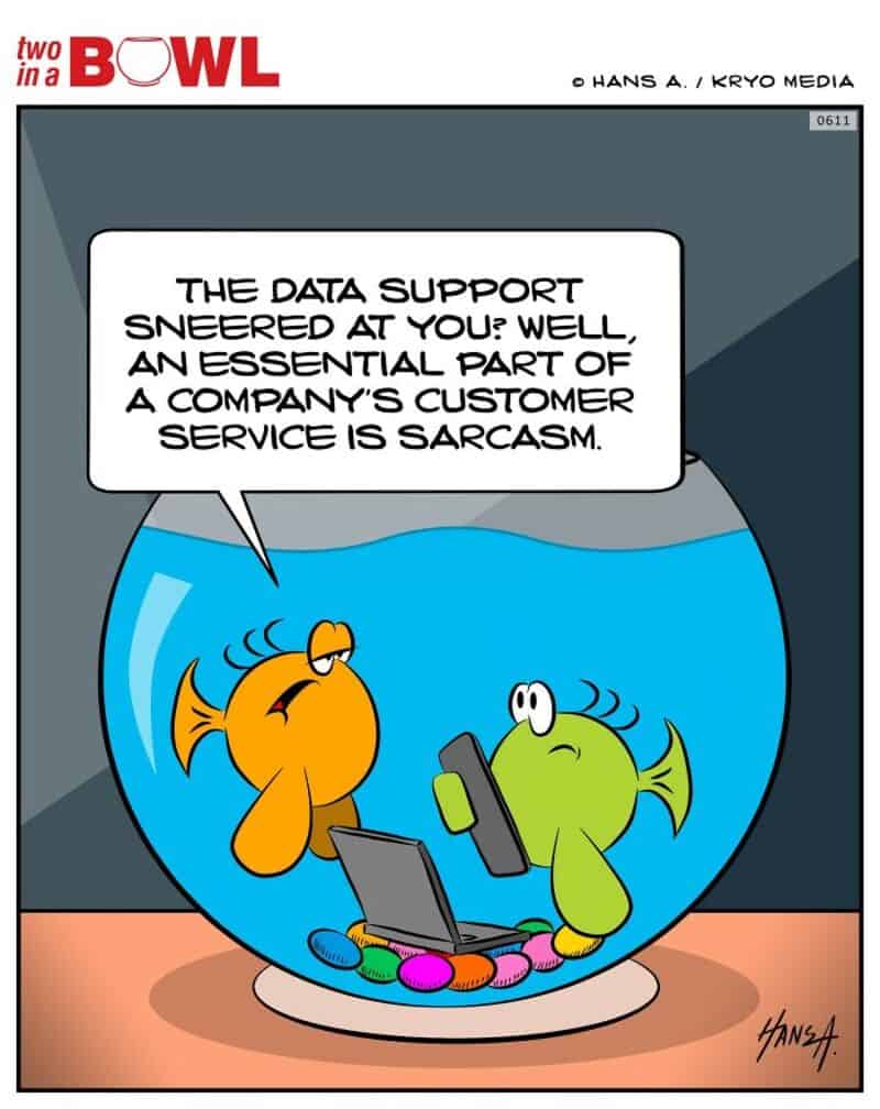 Fish in a bowl with a laptop and phone, discussing data support and sarcasm.