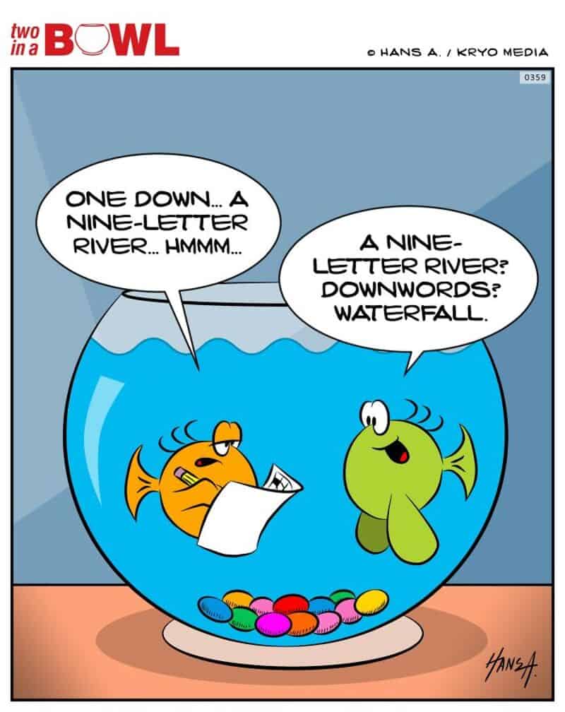 Two fish in a bowl discussing river names and features.