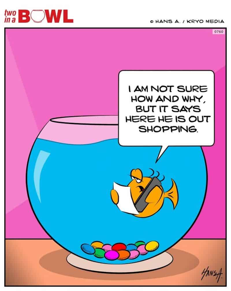 Fish in a bowl with a speech bubble about shopping.