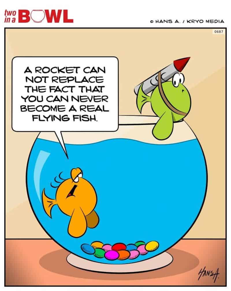 Fish with rocket on head says a rocket can't replace the fact you can never become a real flyingfish.