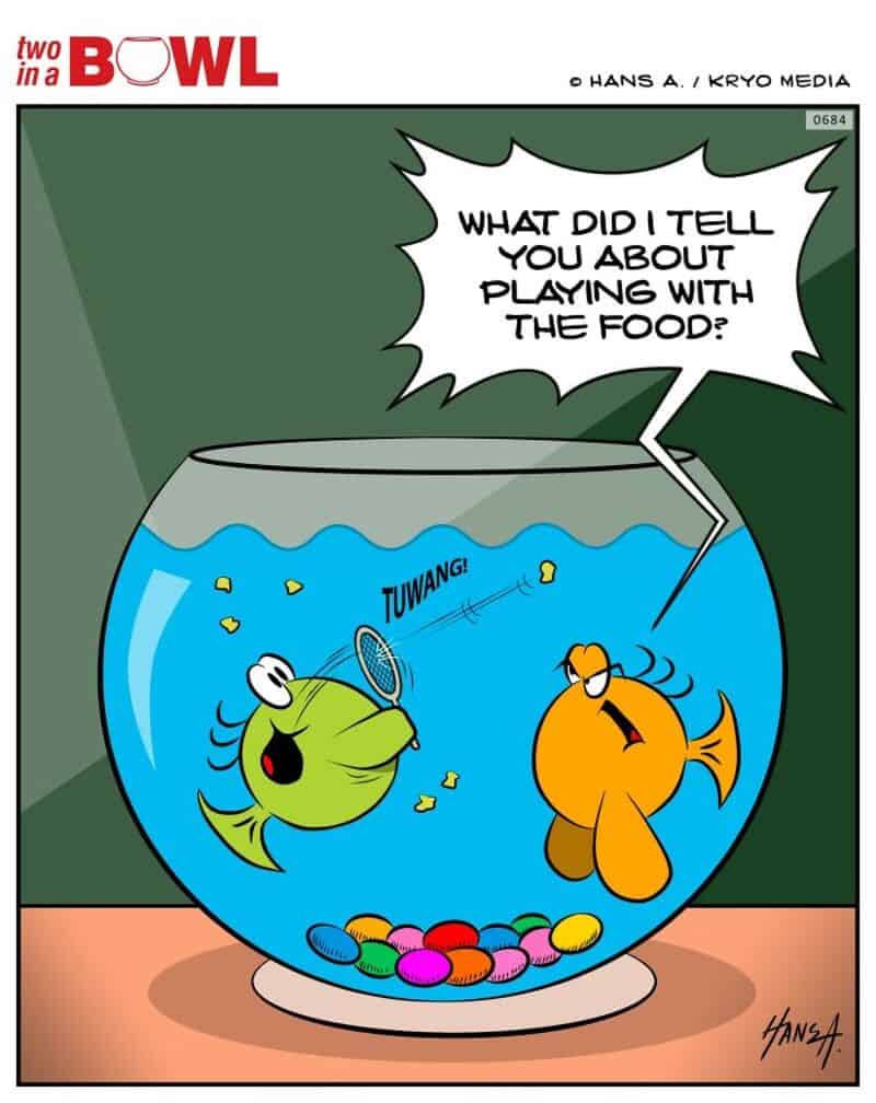 Two fish in a bowl, one asks, 'What did I tell you about playing with the food?'.