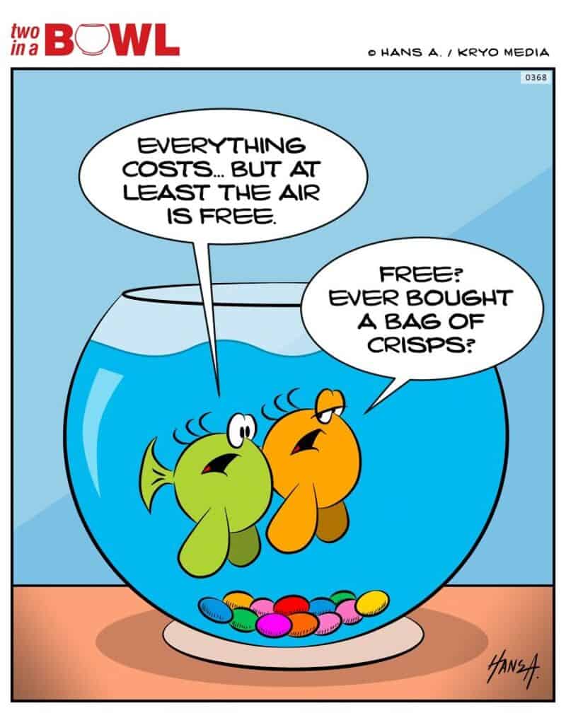 Two fish in a bowl, one says everything costs but air is free, the other asks about crisps.