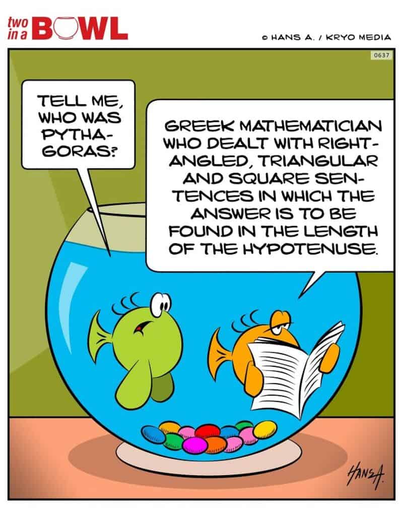 Fish asks 'Tell me, who was Pythagoras?' Greek fish responds with a detailed explanation.