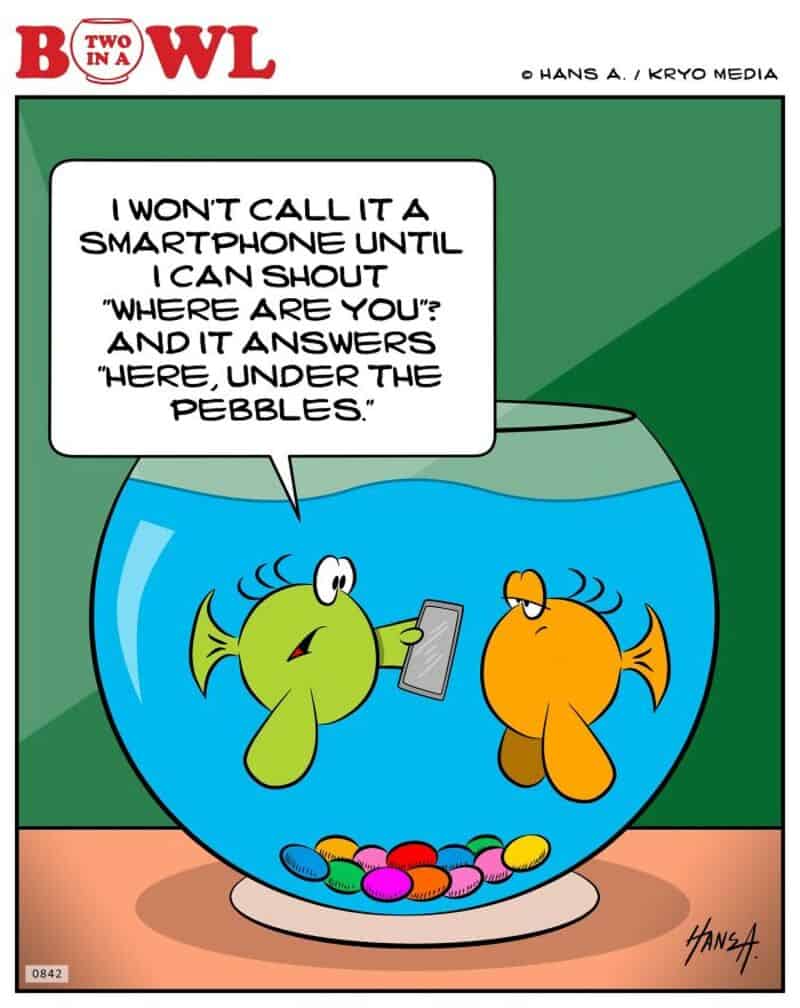Two fish in a bowl, one holding a smartphone, with a speech bubble about shouting.