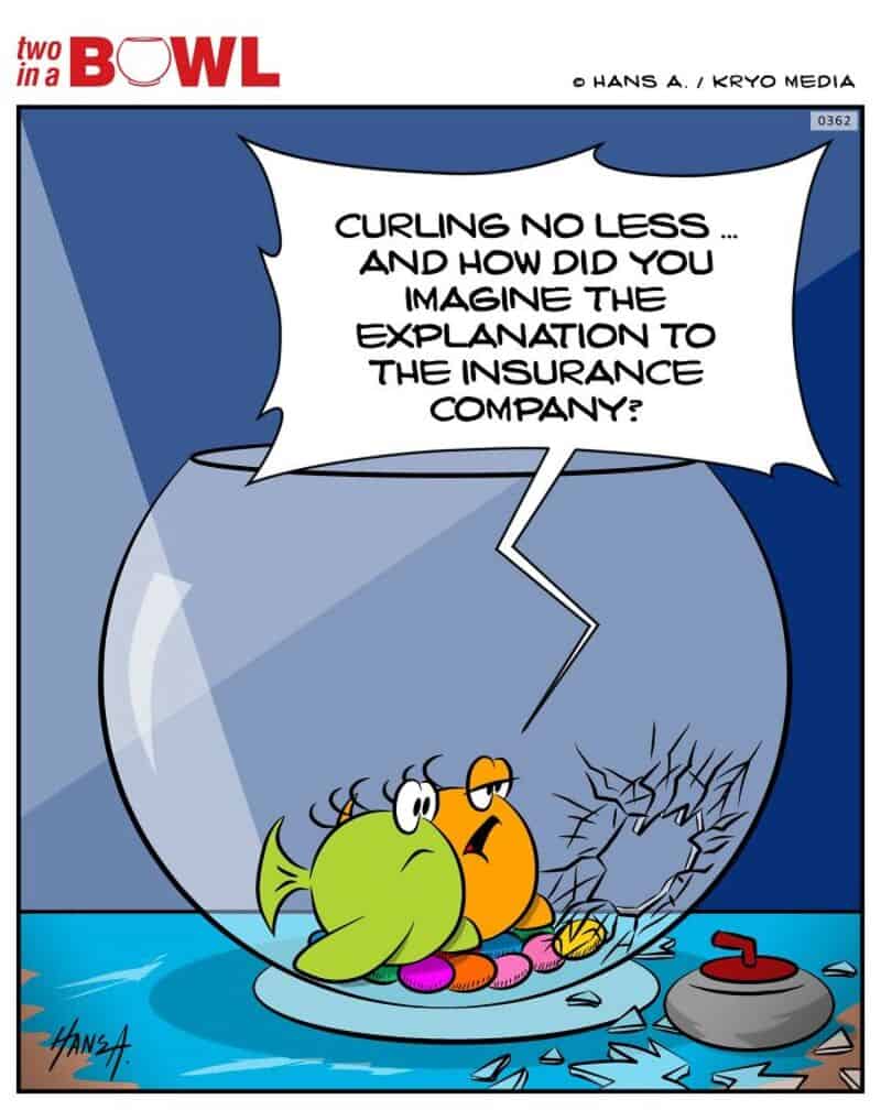 Two fish in a bowl, one asks about curling and insurance.