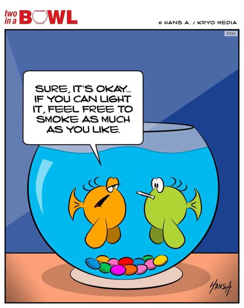 Fish in a bowl with a speech bubble about lighting a cigarette and smoking.