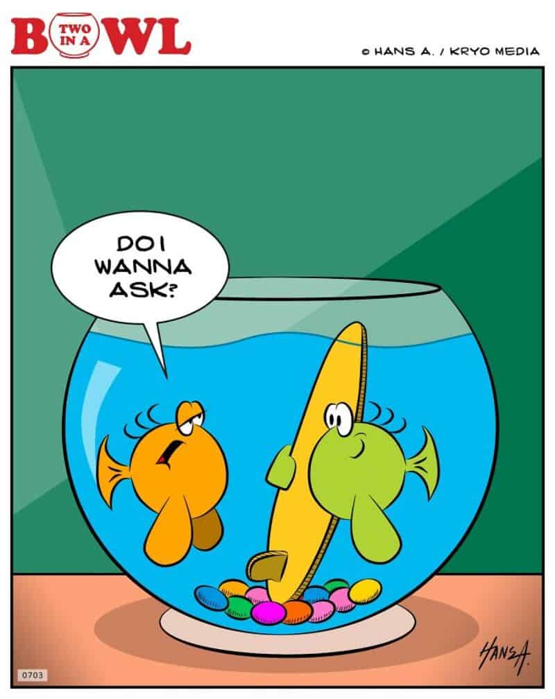 Two fish in a fishbowl, one asks the other 'Doi wanna ask?'.