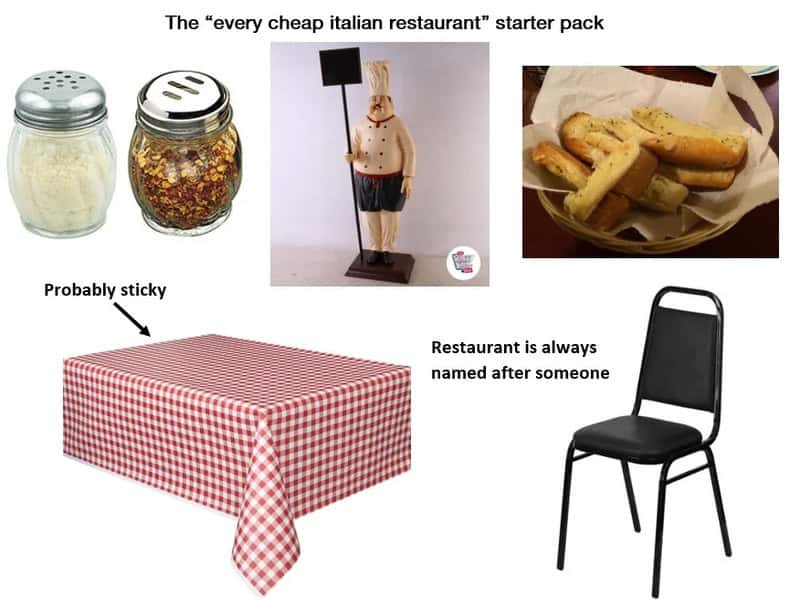 Salt and pepper shakers, chef figurine, breadsticks, table with checkered tablecloth, and a black ch.