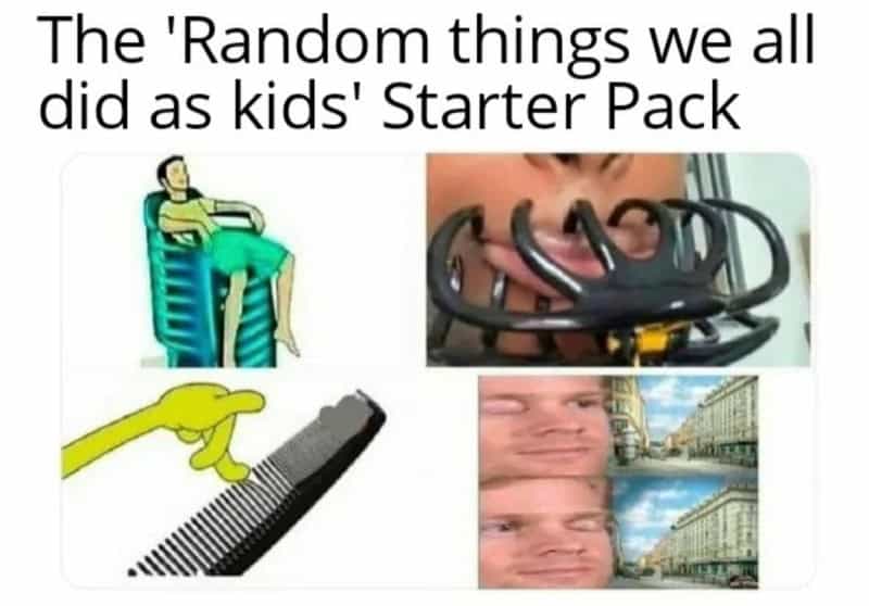 The 'Random things we all did as kids' Starter Pack with four humorous images.