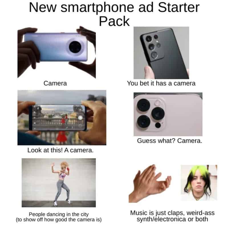 New smartphone ad Starter Pack with various camera images and captions.