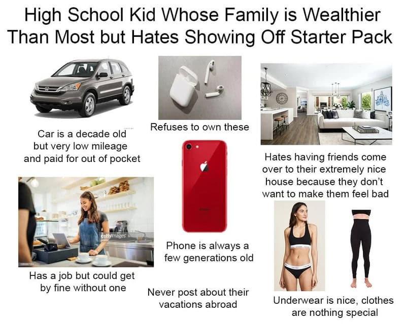 High School Kid Whose Family is Wealthier Than Most but Hates Showing Off Starter Pack.