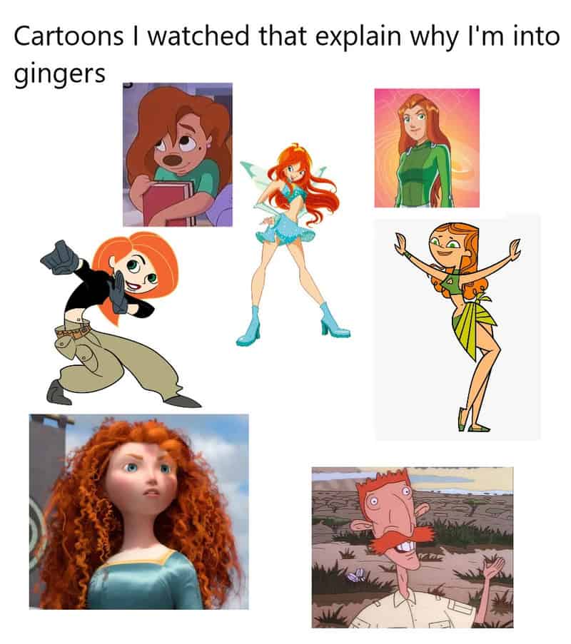 A woman reading a book, animated girl with red hair in a blue dress, animated girl with long green h.