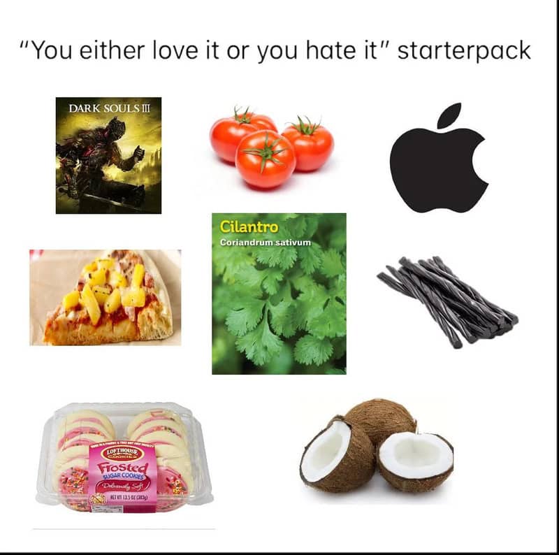 "you either love it or you hate it" starterpack with tomatoes, apple logo, pizza, cilantro, black li.